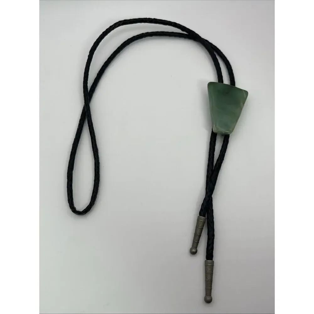 Green Aventurine Gemstone Slider Tie Braided Black Cord and Polished Stone 36